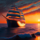 Tall ship with white sails on ocean at sunset