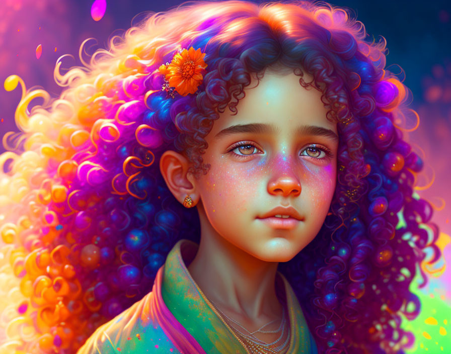 Vibrant digital artwork of a girl with curly hair and freckles