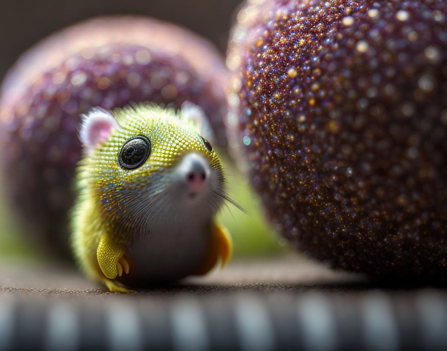 Shiny yellow creature with black eyes next to speckled objects