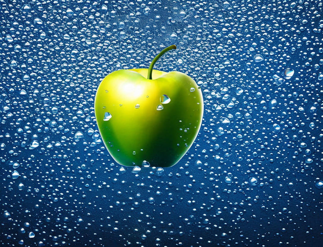 Green apple with water droplets on blue background and bubbles for a refreshing vibe