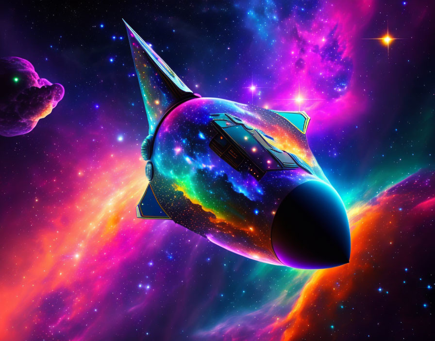 Colorful Spaceship Flying Through Nebula with Stars and Asteroid