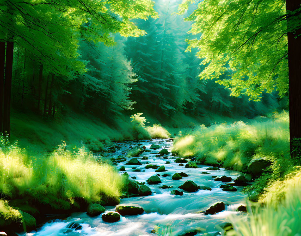 Lush forest scene with sunlight filtering through, serene stream with rocks.