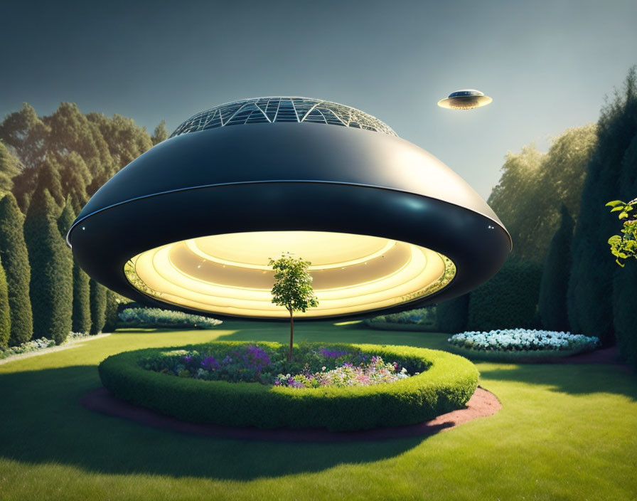 Black UFO with Yellow Glowing Underside Hovering over Garden