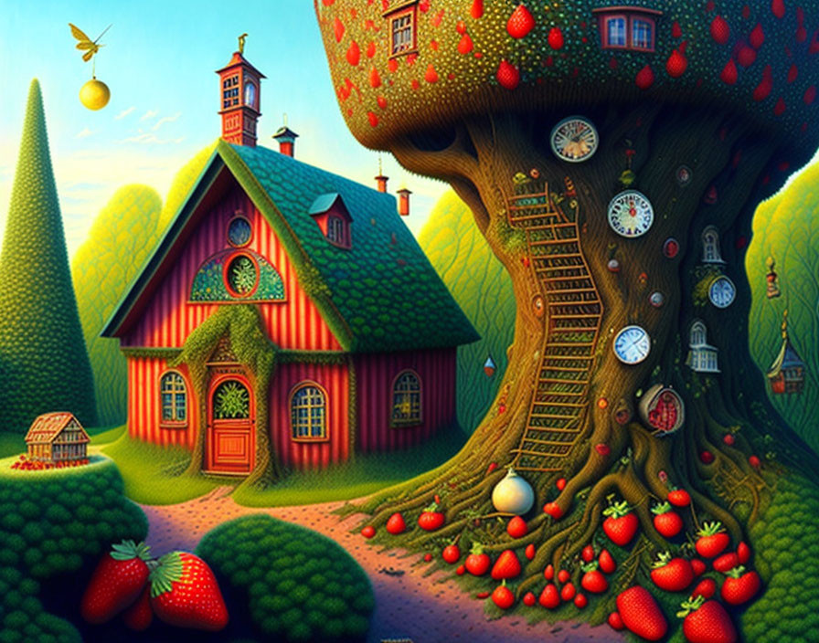 Colorful illustration of red house and strawberry tree with clocks under sunny sky