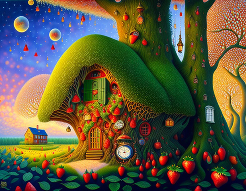 Colorful whimsical treehouse painting with mushroom features and multiple moons