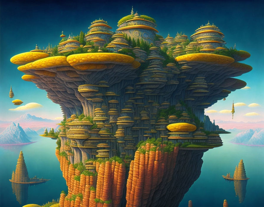 Fantastical floating island with golden domed structures and lush greenery.