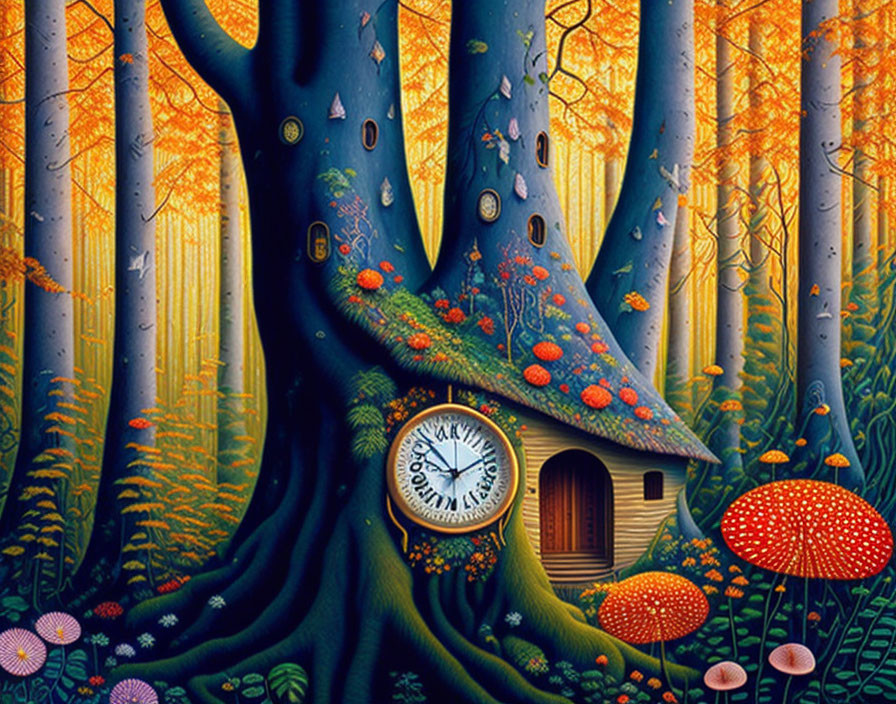 Whimsical painting featuring clock-faced tree in forest