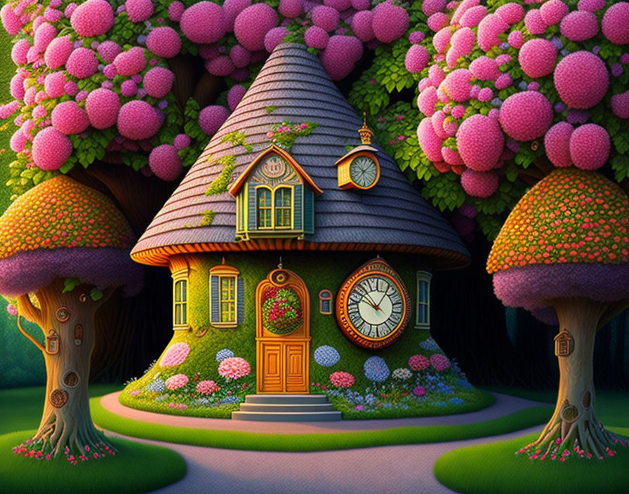 Whimsical cottage with clock face surrounded by mushroom-like trees and pink blossoms