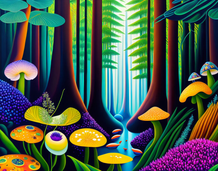 Colorful forest scene with oversized mushrooms and mystical blue glow