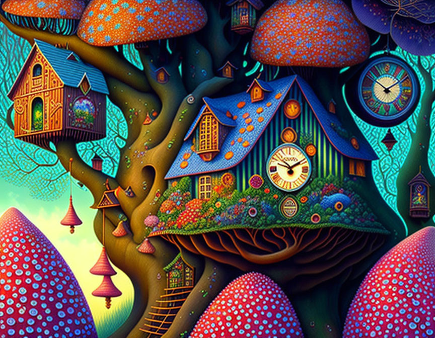 Vibrant fantasy forest with mushroom-shaped houses and clocks