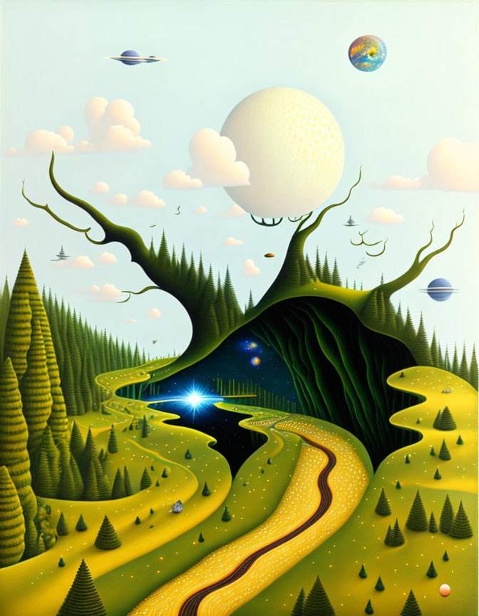 Surreal landscape with rolling hills, tree-shaped mountain, snaking road, and celestial bodies.