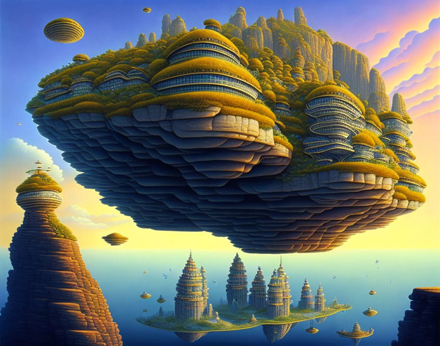 Floating Island with Golden-Domed Structures and Vibrant Sky