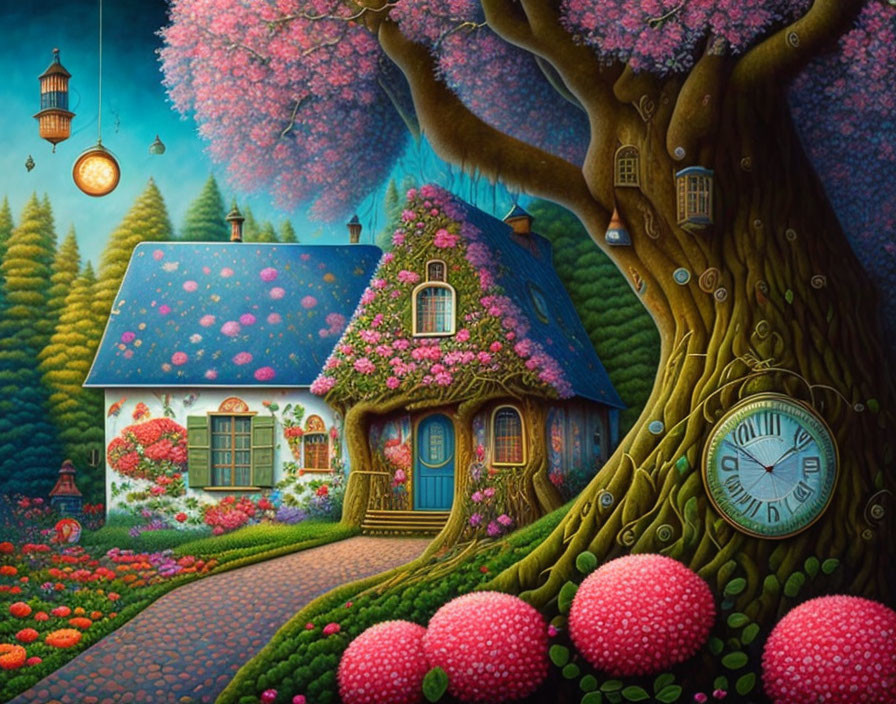 Whimsical cottage with blue roof and floral walls under pink blossoming tree