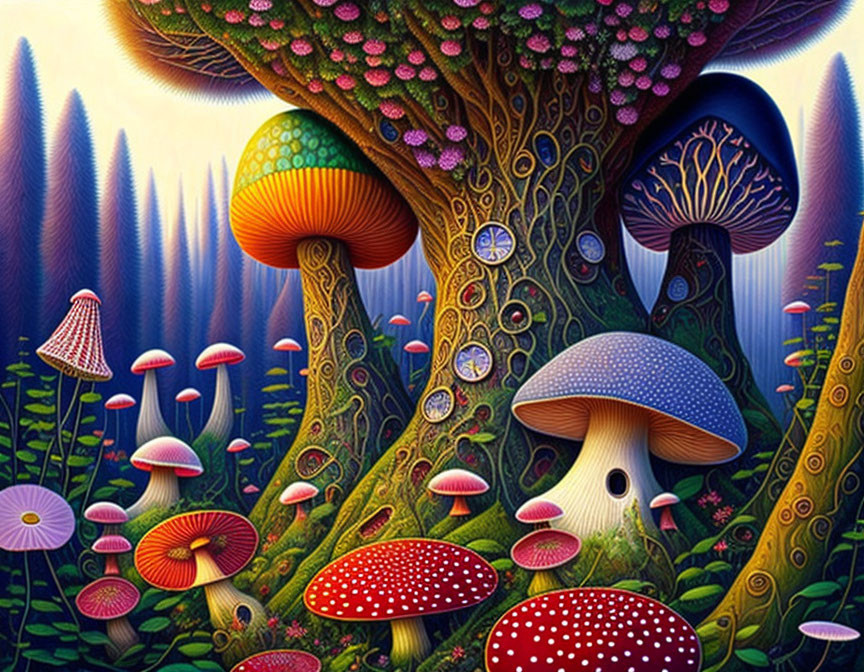 Colorful psychedelic forest with oversized mushrooms and eye-like patterns on tree.