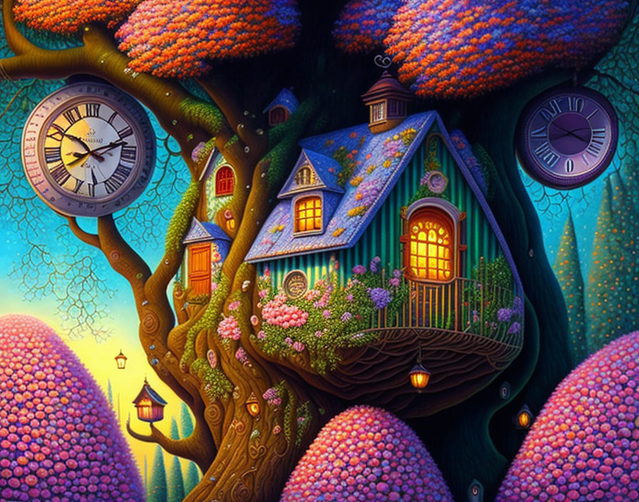 Colorful Treehouse with Lanterns and Clocks in Twilight Sky