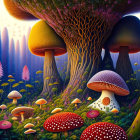 Colorful psychedelic forest with oversized mushrooms and eye-like patterns on tree.