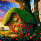 Colorful whimsical treehouse painting with mushroom features and multiple moons