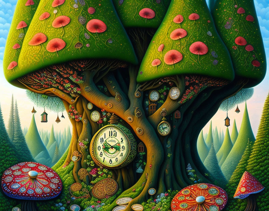 Colorful Tree Illustration with Mushroom Canopies and Timepieces