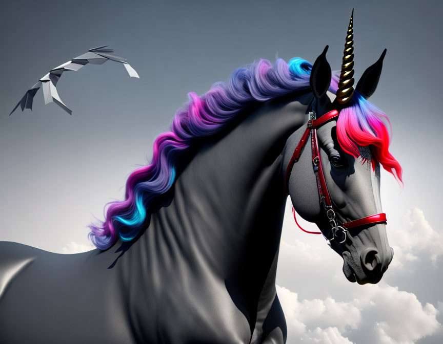 Digital artwork featuring unicorn with black coat, rainbow mane, golden horn, red bridle, and paper