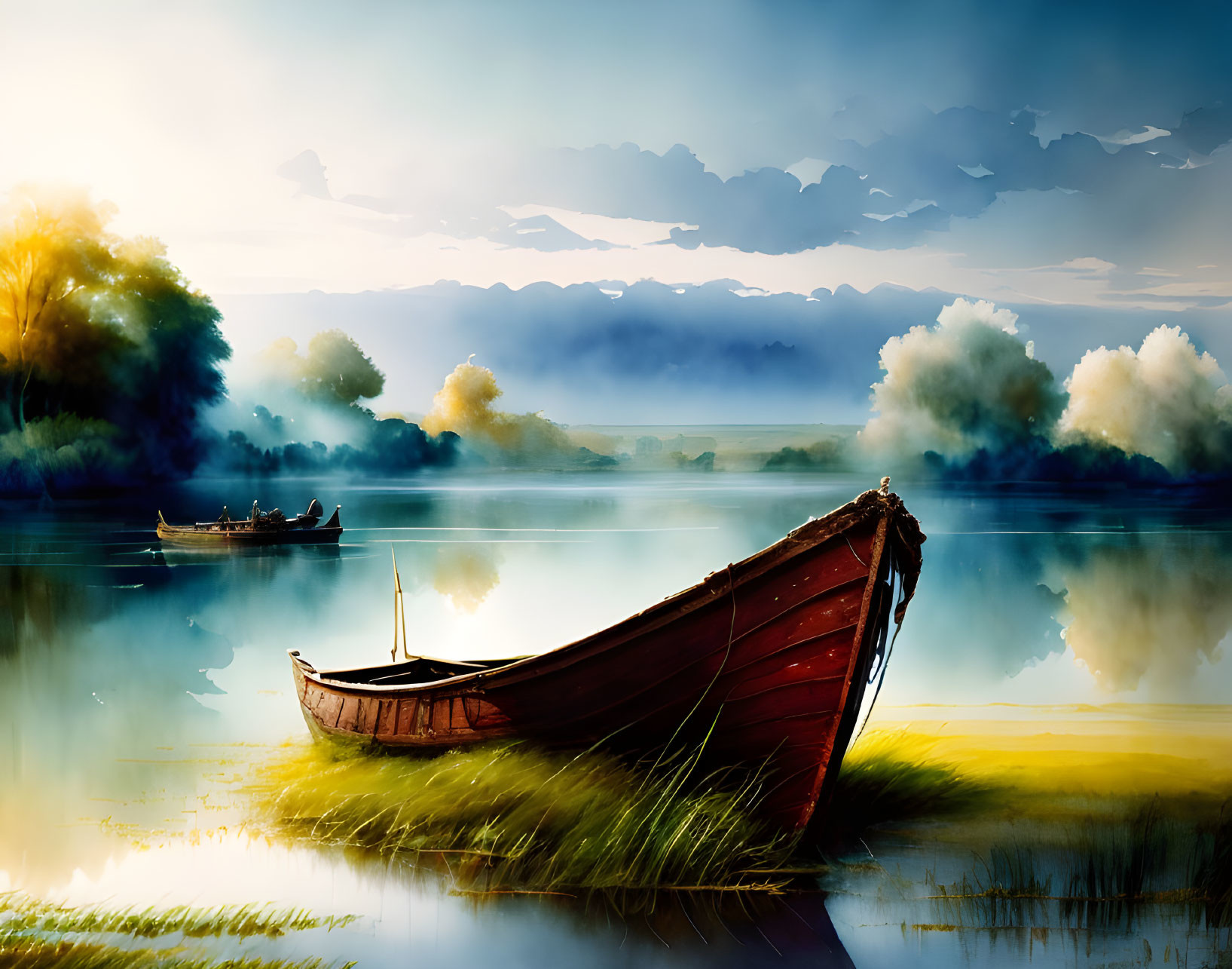 Tranquil lake scene with red boat, mist, and reflection at dawn or dusk