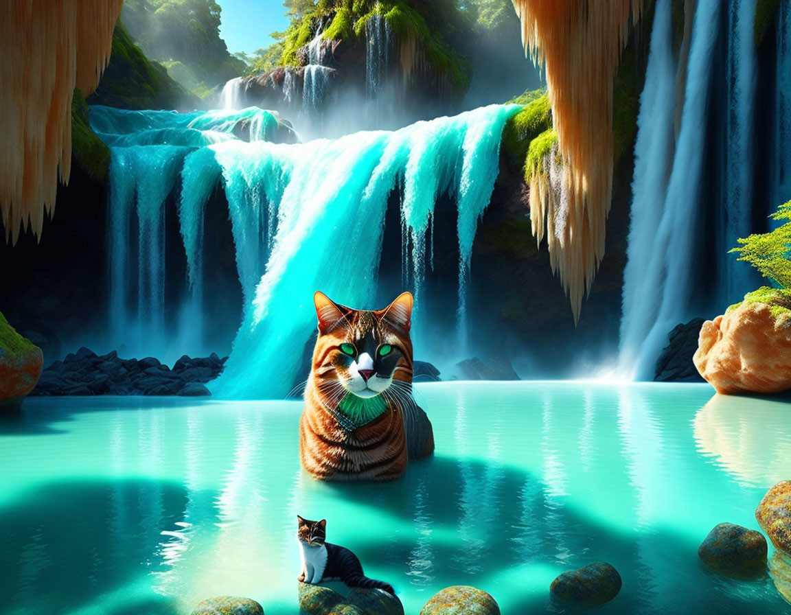 Tranquil waterfall scene with oversized and small cats in lush setting