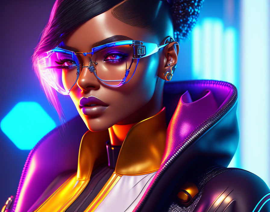 Vibrant digital artwork: woman in neon glasses, bold makeup, futuristic attire.