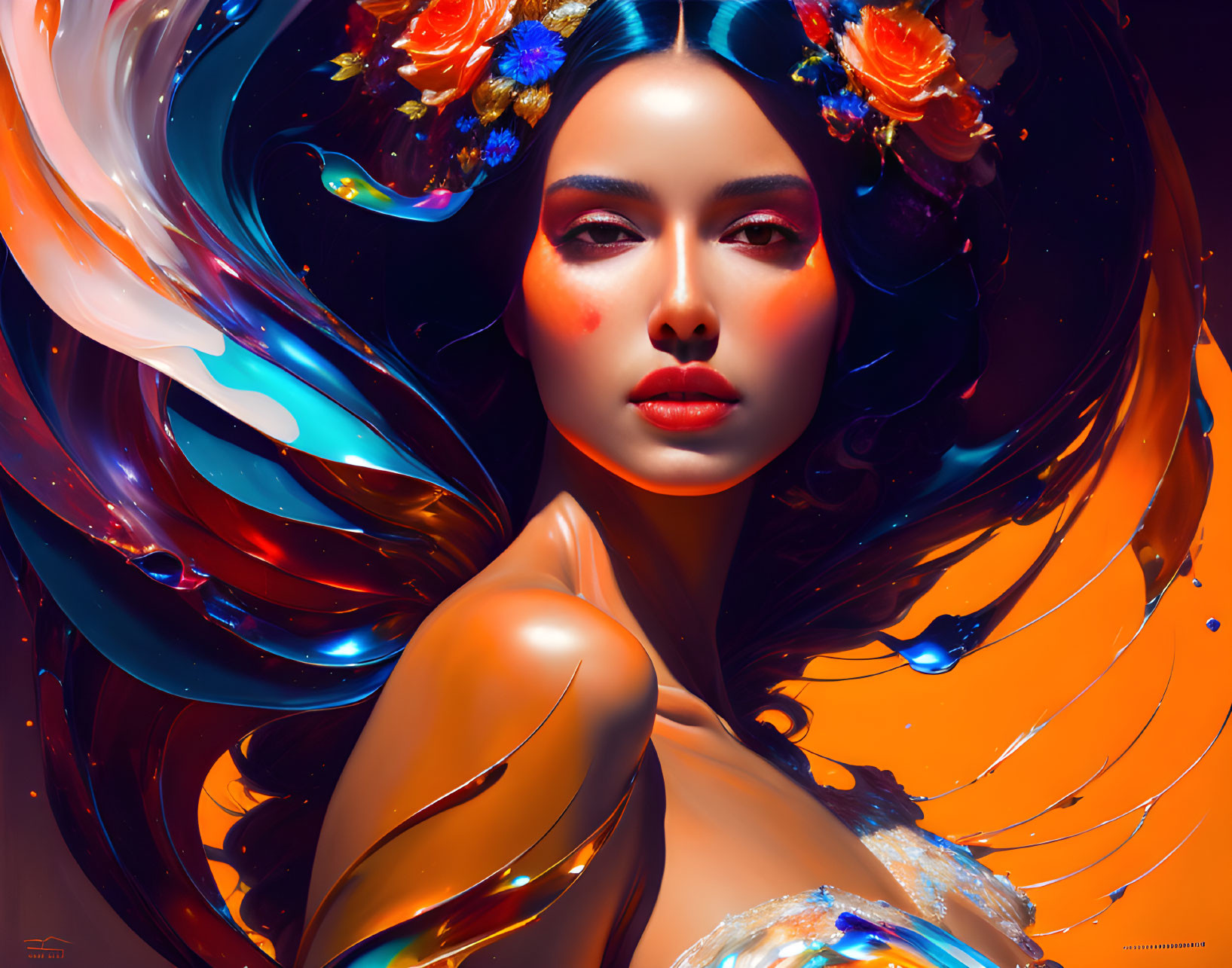 Colorful digital artwork: Woman with flowing hair and abstract shapes.