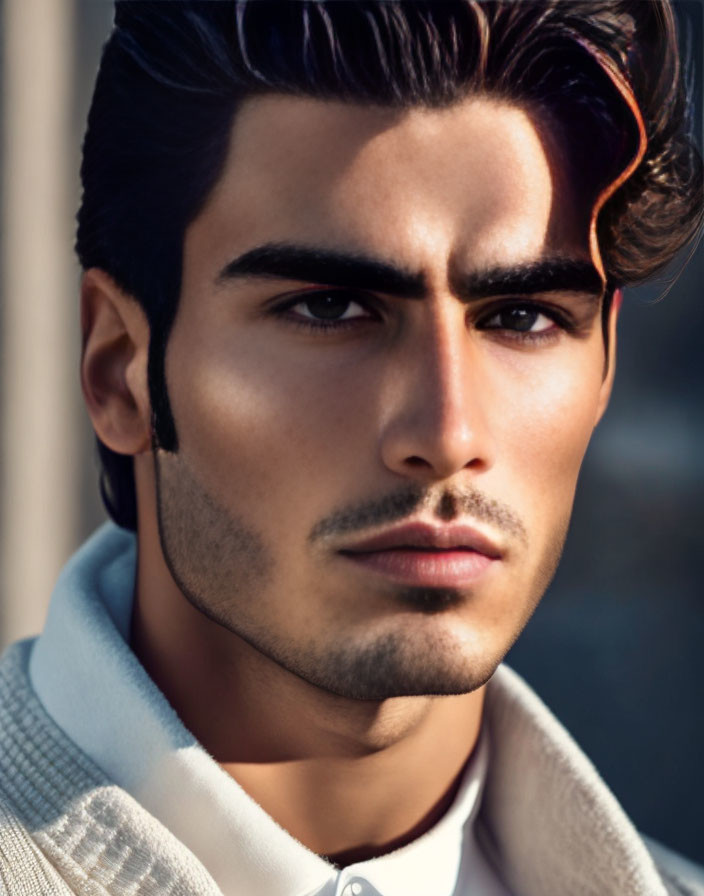 Portrait of man with prominent eyebrows and intense gaze in white collared shirt