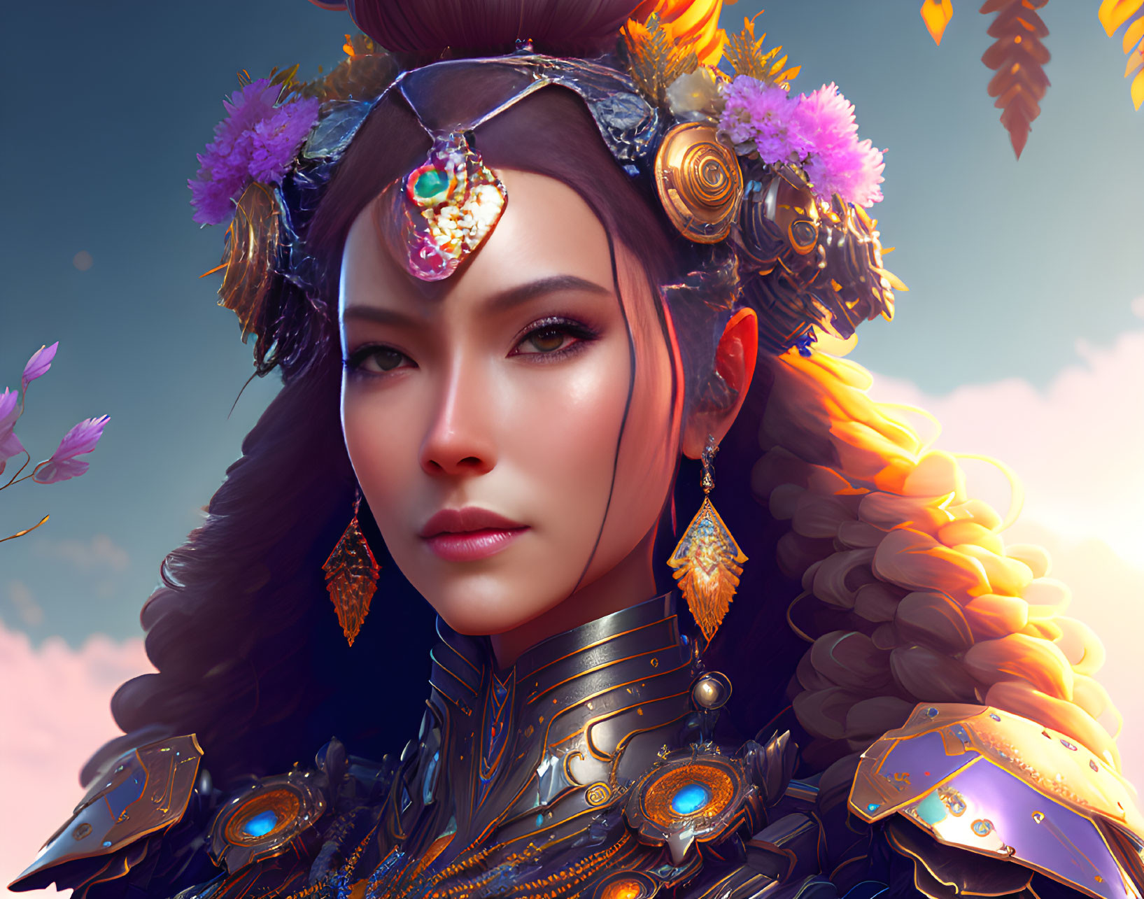 Digital portrait of a woman in fantasy armor and headdress with gold accents and flowers on sky backdrop