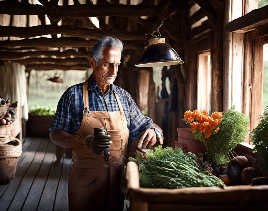 Elderly man in denim shirt inspects fresh vegetables in rustic cabin