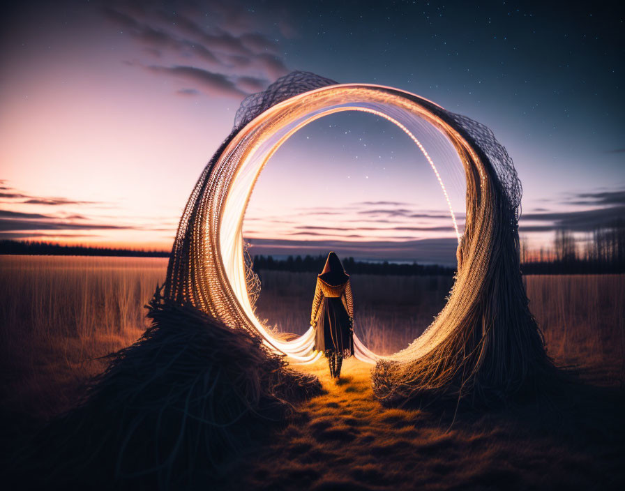 Hooded figure in illuminated ring at twilight