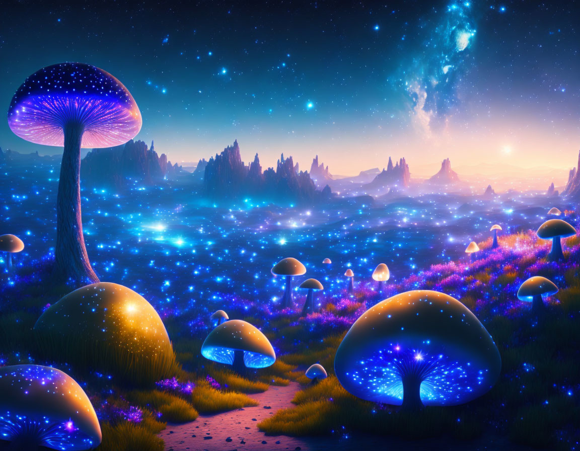 Fantastical Landscape: Glowing Mushrooms, Starry Night Sky, and Alien Terrain