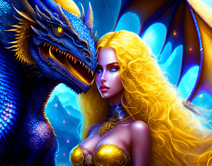 Colorful artwork: Woman with golden hair, blue attire, and dragon under mystic sky