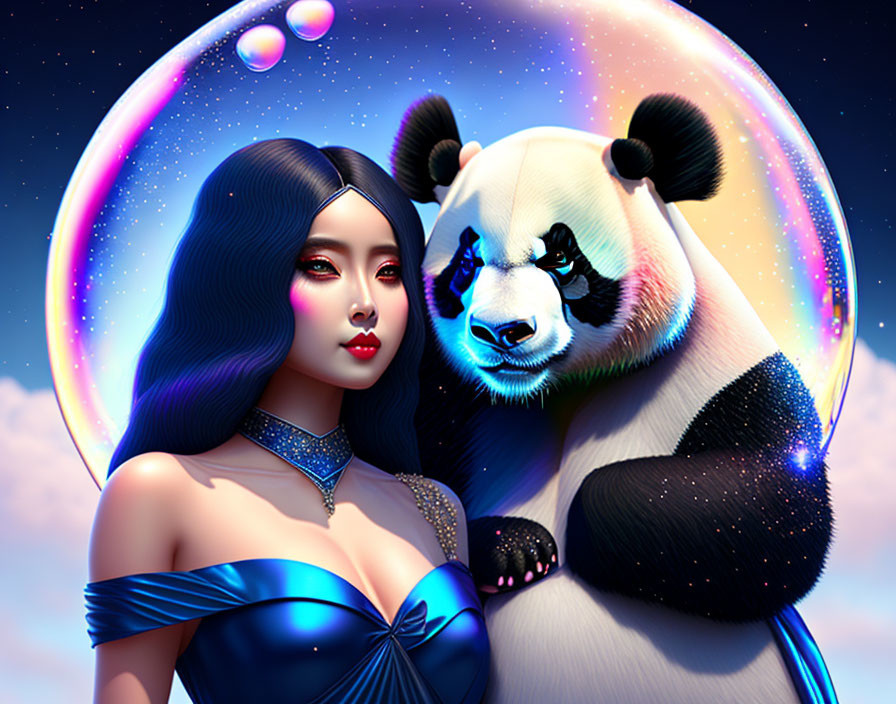 Stylized illustration of woman in blue attire with panda under night sky.