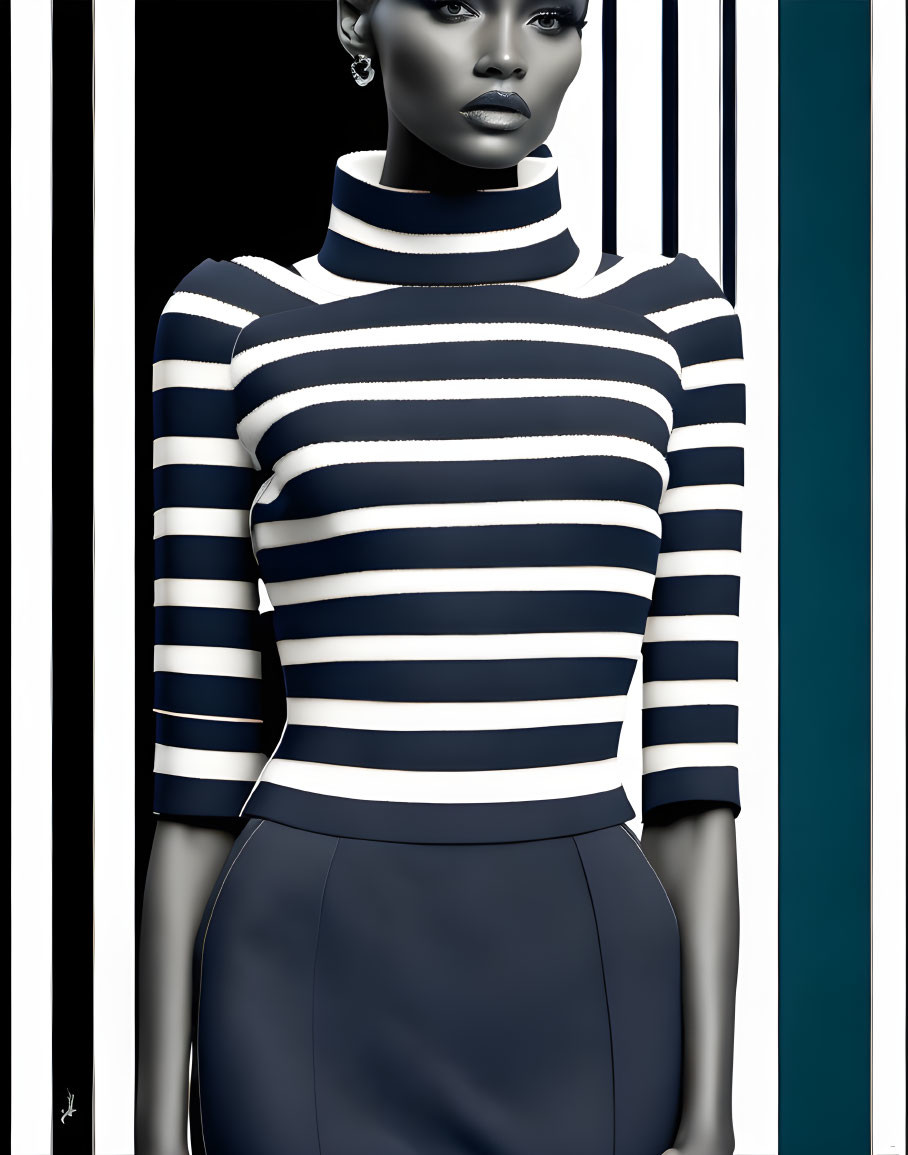 Monochrome image of stylized woman in striped outfit on bold background