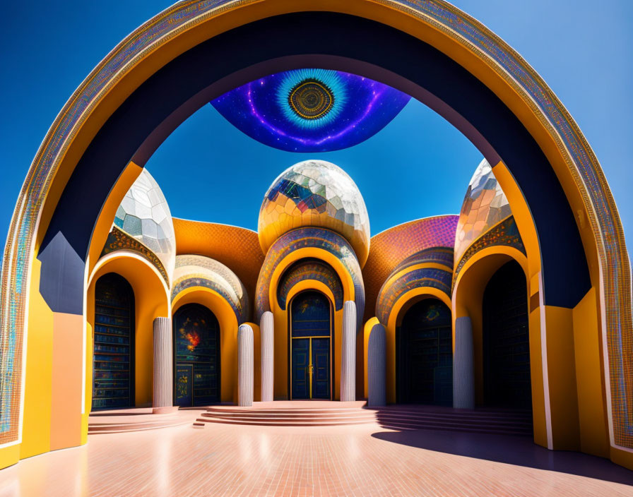 Intricate arched entrance to domed buildings with celestial eye design