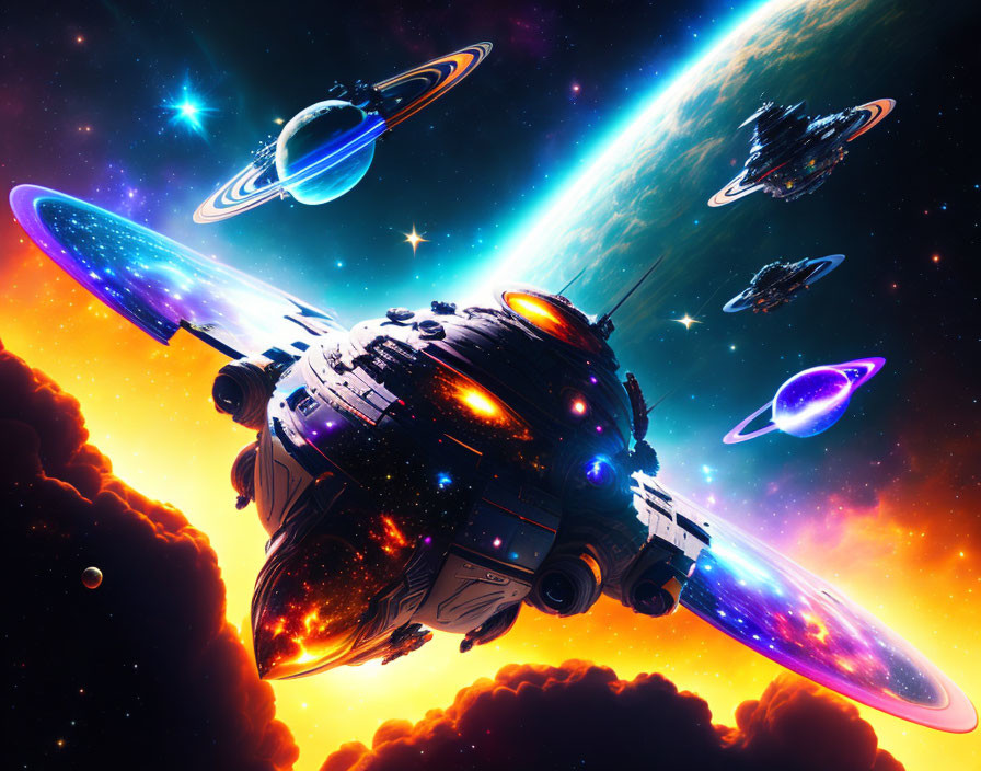 Colorful Space Scene with Futuristic Spaceships, Nebulas, Stars, and Planets