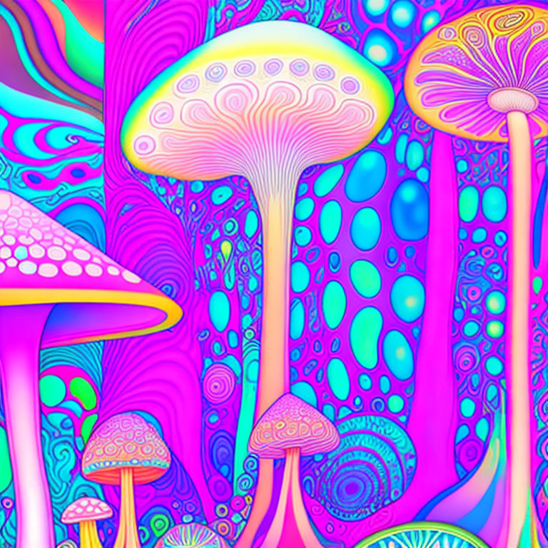 Colorful Psychedelic Mushroom Artwork with Swirling Patterns