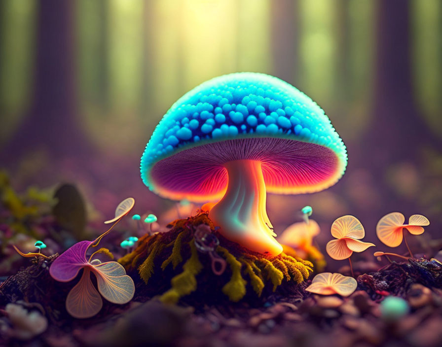 Glowing blue mushroom in mystical forest with colorful flora