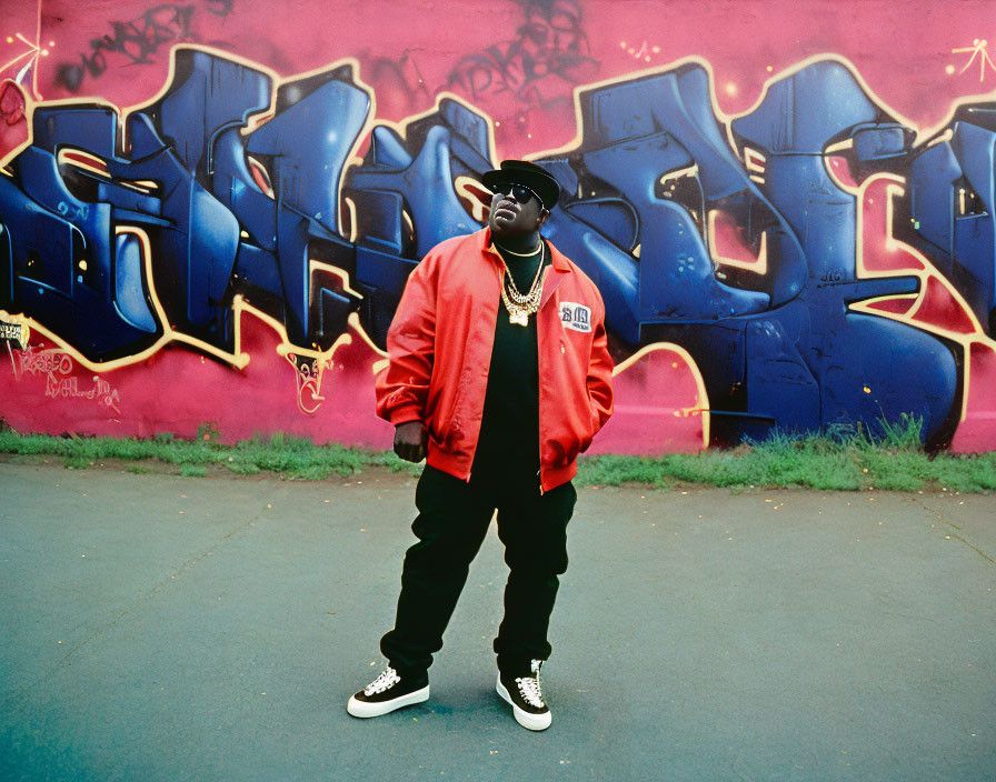 Man in Red Jacket and Sunglasses Standing by Graffiti Wall