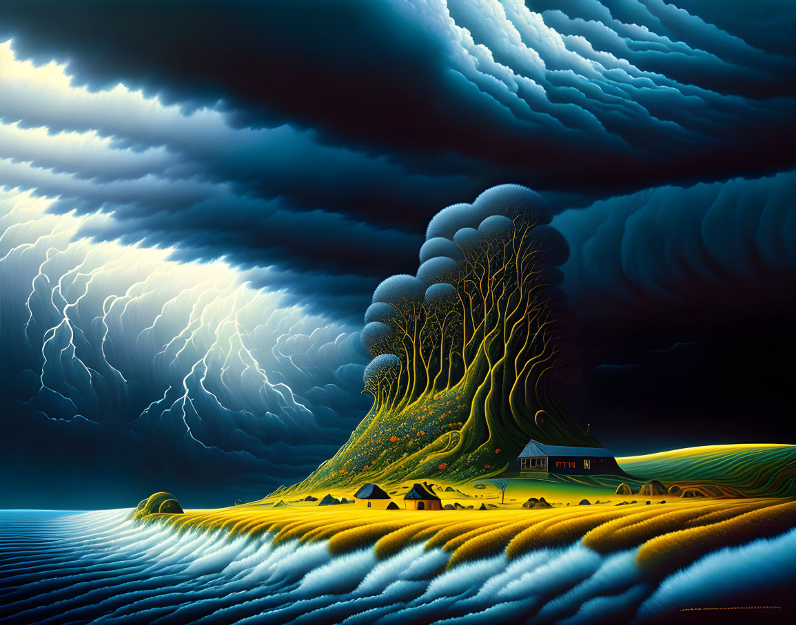 Surreal landscape with massive tree, stormy sky, lightning, rolling hills, water, and