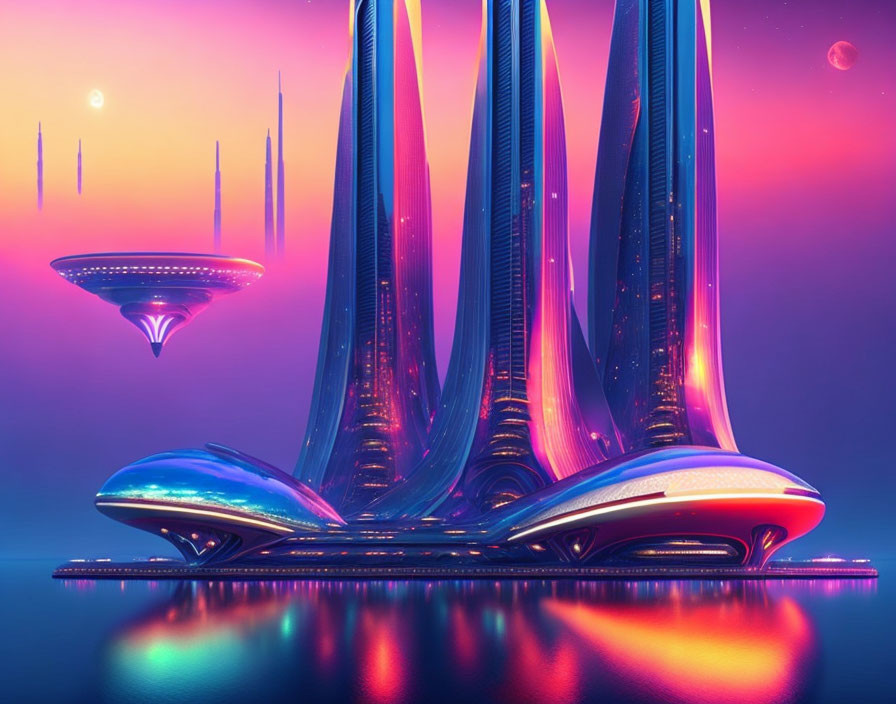 Futuristic cityscape with sleek skyscrapers and flying saucer in twilight sky