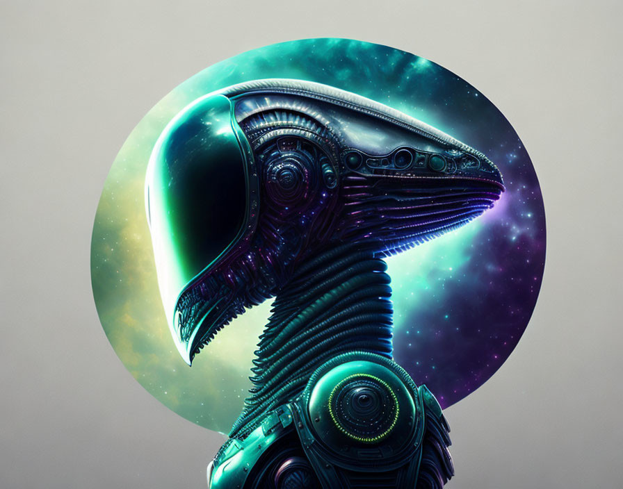 Futuristic metallic alien creature in elliptical frame against starry nebula