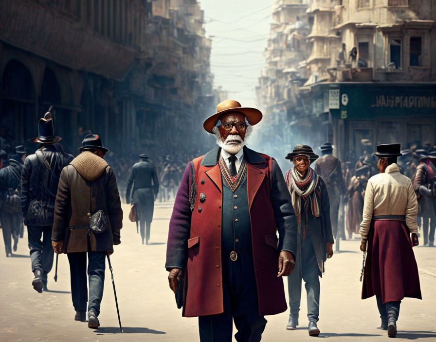 Elderly man with beard in hat, glasses, red coat on busy street