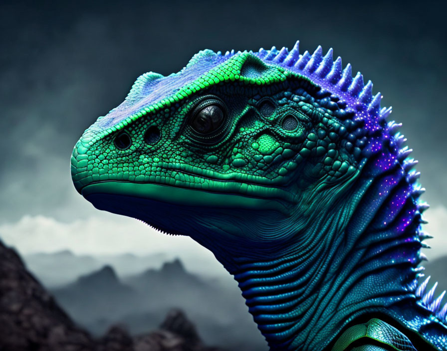 Colorful digital artwork: Lizard creature with blue and green scales on mountainous backdrop