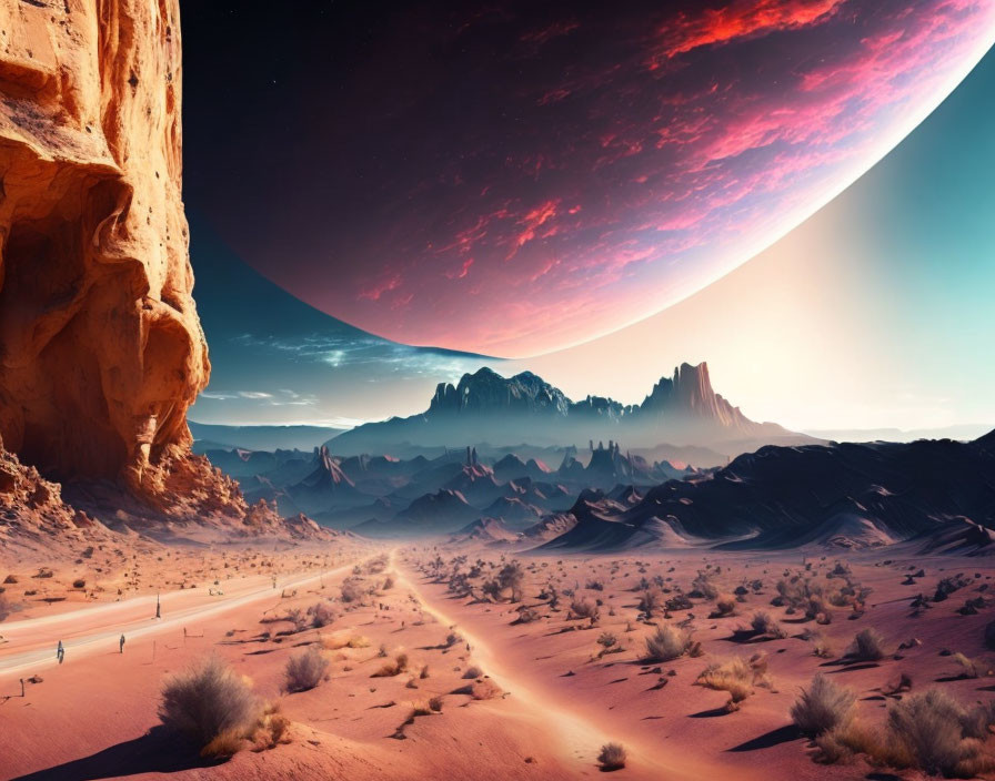 Surreal desert landscape with alien planet, rocky terrain, winding road, and colorful twilight