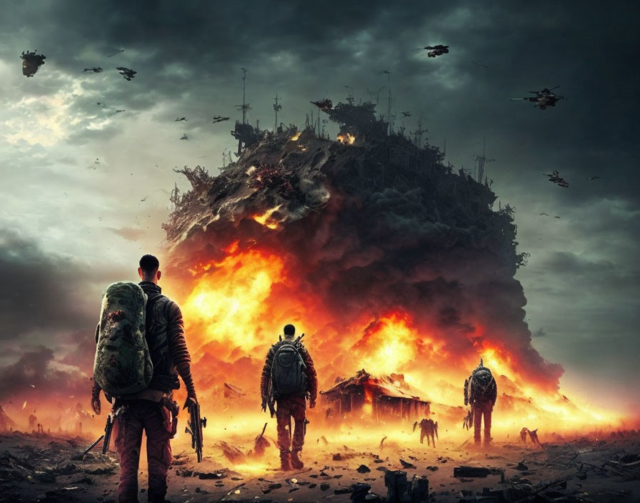 Two individuals with backpacks near floating landmass and fiery explosions in dystopian setting.