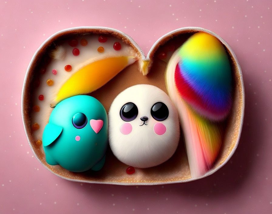 Colorful Heart-Shaped Box with Cute Animal Figurines on Pink Background