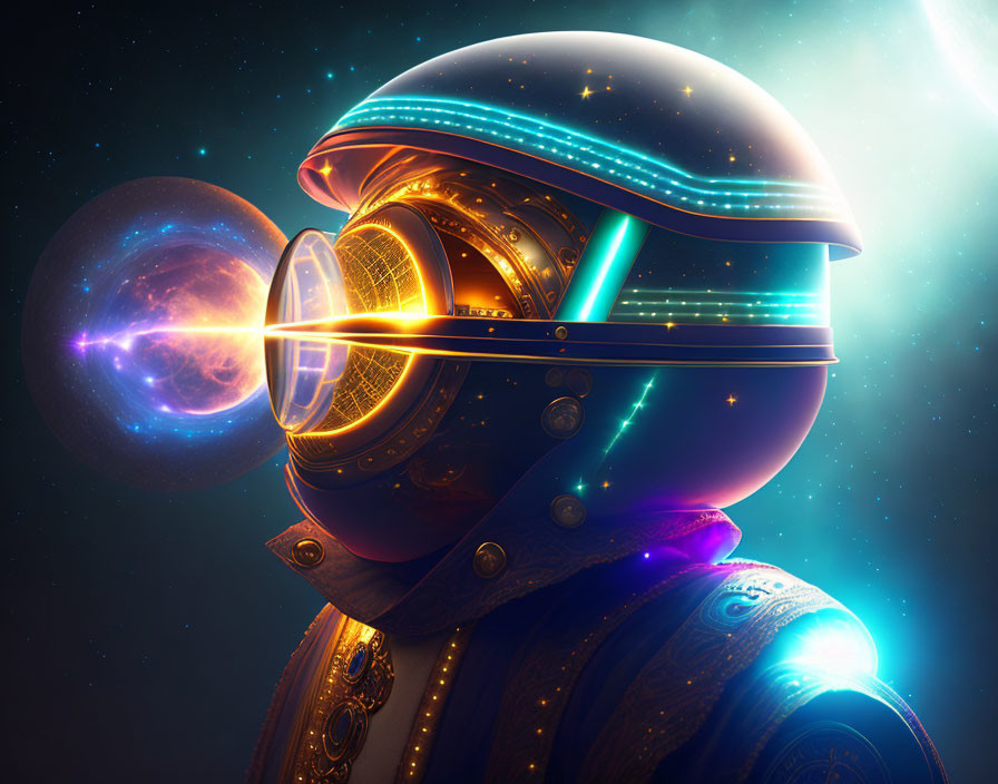 Futuristic Astronaut Helmet with Glowing Neon Lines in Cosmic Setting