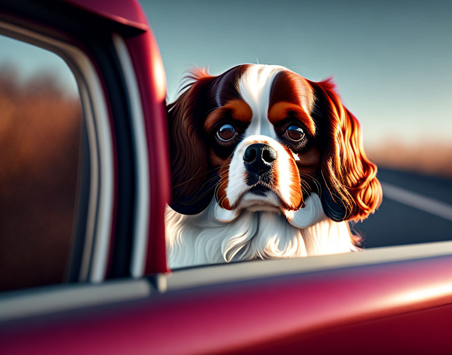 Cavalier King Charles Spaniel enjoying car ride at sunset